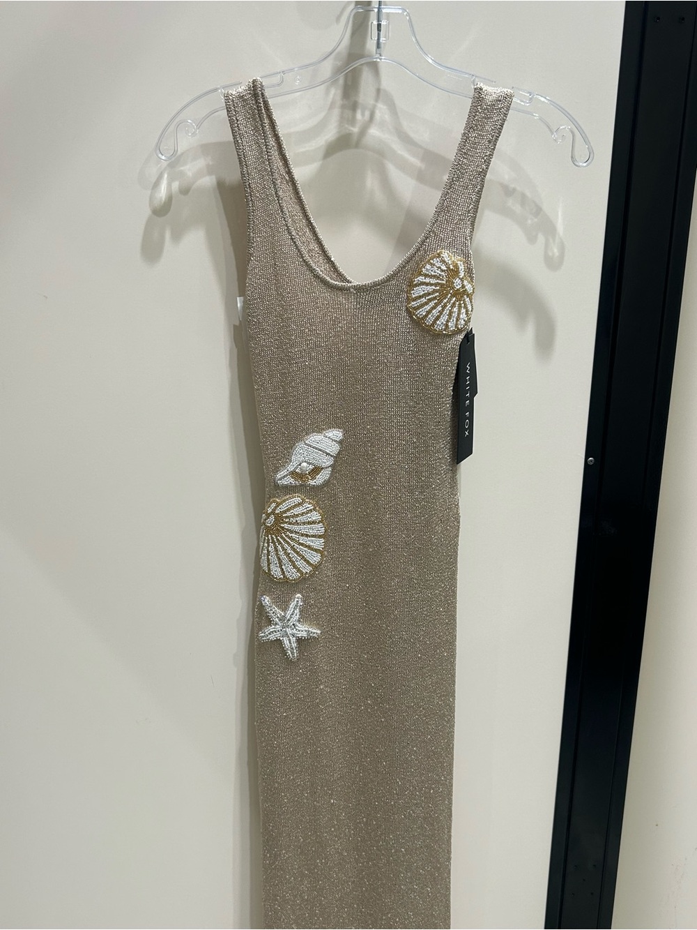 White Fox Boutique Metallic Taupe-Sea Embellished Maxi Dress